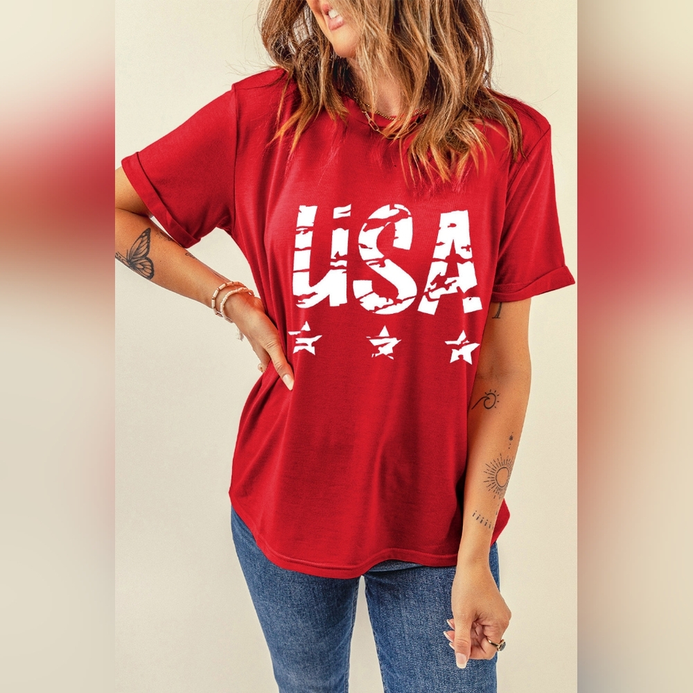 Rustic USA American Flag Graphic Shirt Americana Patriotic Short Sleeve Top Red